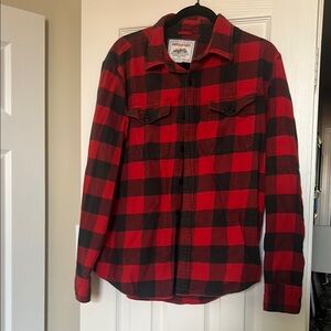 American Eagle Outfitters Men's Red and Black Checkered Shirt Flannel